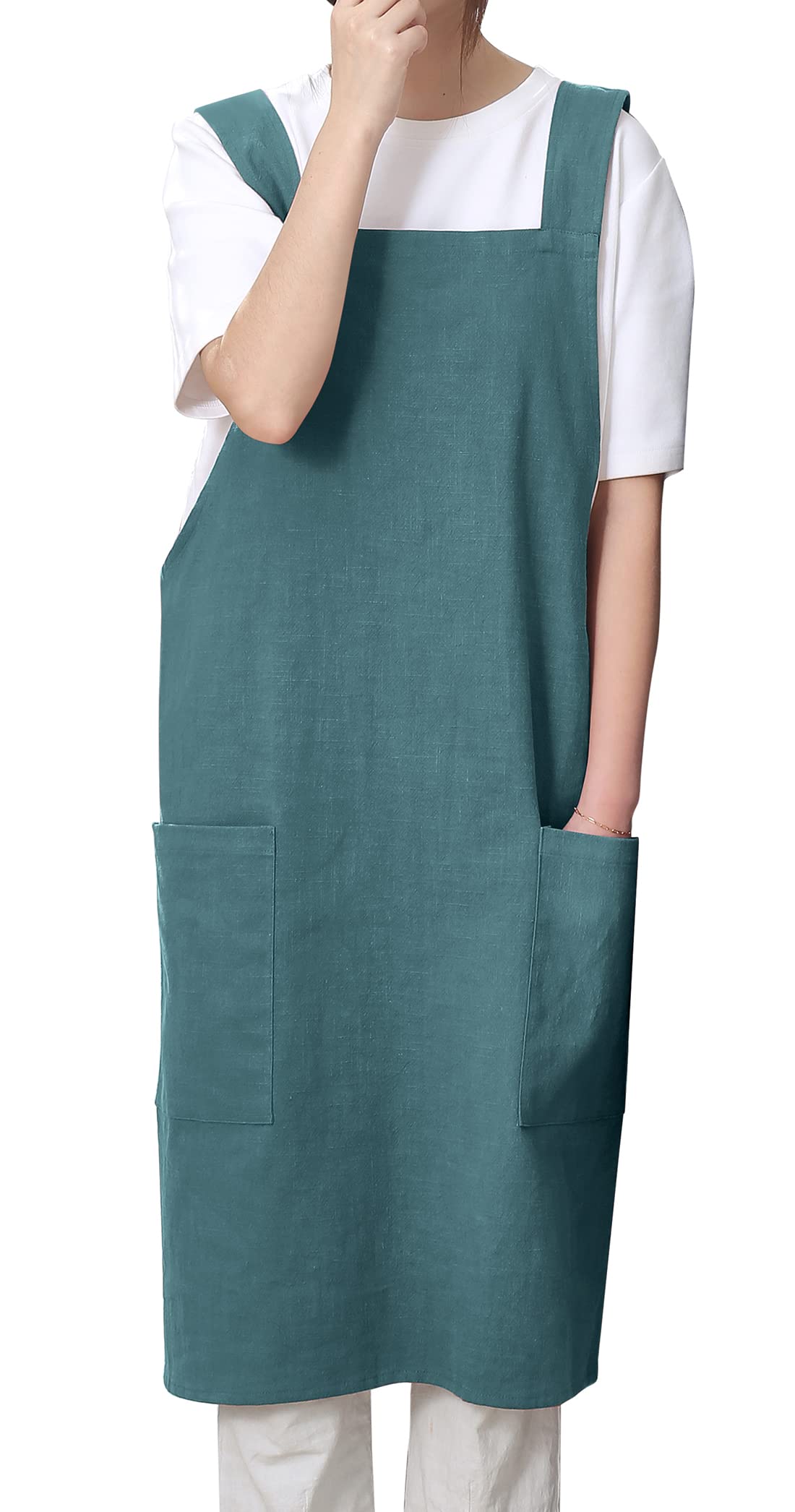 Pincy Cotton Linen Apron for Women - No-ties Cross Back Apron with Pocktes, Great for Florist, Coffee House and Kitchen(Olive)