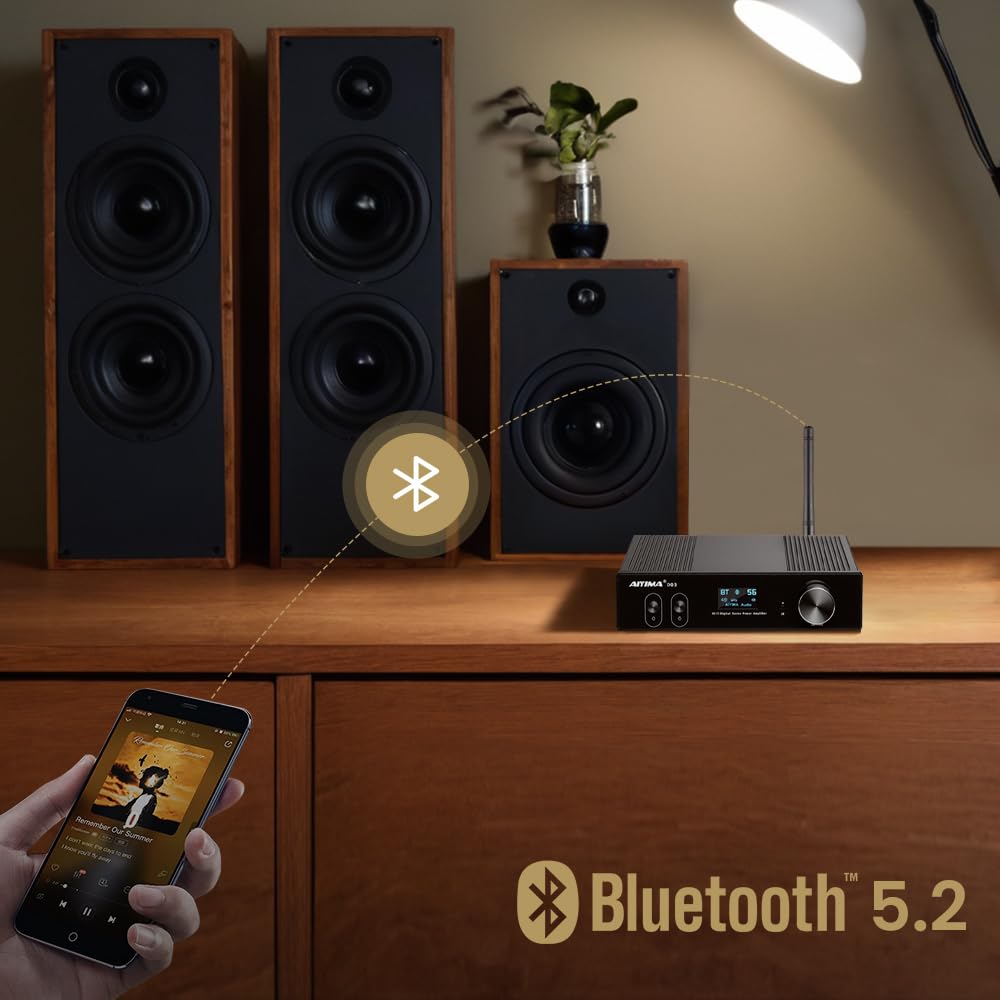 AIYIMA D03 Bluetooth 5.0 DAC Amplifier 150 Watt x 2 Stereo HiFi 2.1 CH Digital Sound Amplificador 24Bit/192kHz Class D Power Amp USB Coaxial Optical OLED AptX, Support Subwoofer & with Remote
