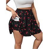 Floerns Women's Plus Size Cherry Print Skorts High Waist Wide Leg Cute Skirt Shorts