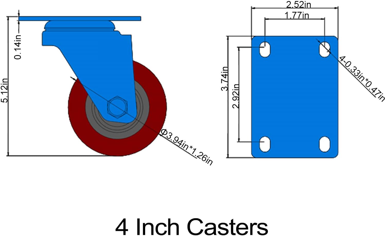 4 inch Heavy Duty Casters, Lockable Bearing Caster Wheels with Brake, Swivel Casters for Furniture and Workbench, Set of 4, Load 1800lbs (Free screws and a spanner): Home Improvement
