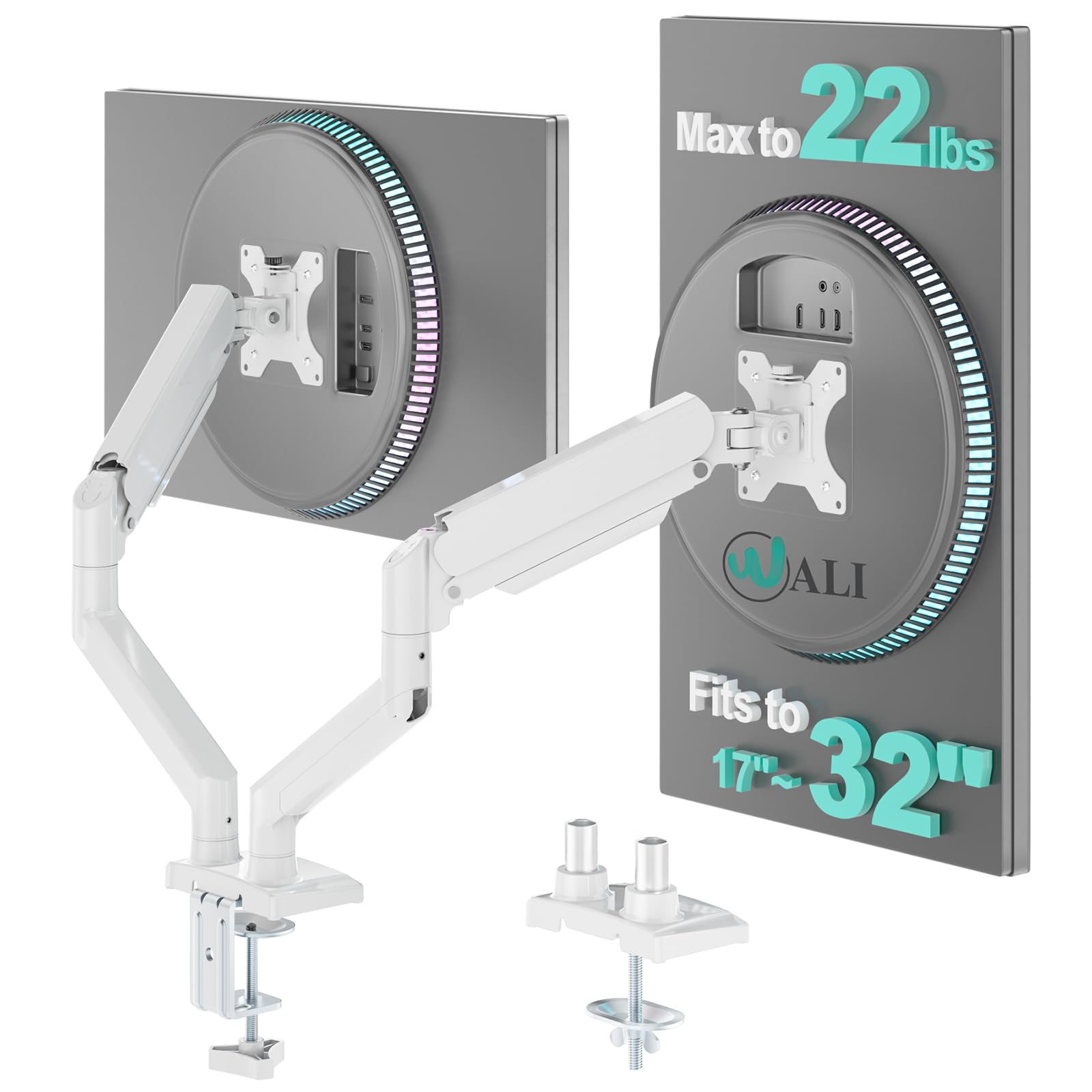 Photo 1 of WALI Dual Monitor Stand, Adjustable Gas Spring Arm Monitor Mount for 2 Monitors up to 32 Inch,19.8lbs Capacity (GSMP002W), White by WALI