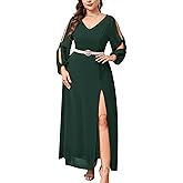 ZOMVA Plus Size Chiffon Maxi Dress V-Neck A-line Long Sleeve Front High Slit Formal Dress Mother of Bride Wedding Guest