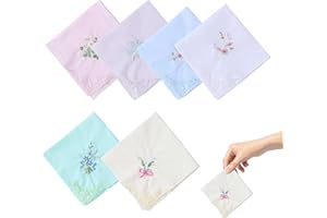 Handkerchief Women 6 Pack – 100% Cotton Floral Embroidered Lace Hankies 11x11in Assorted Colours for Daily Use, Wedding, Gift