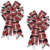 2PCS American Football Wreath Bows Football Bows for Wreath Red Black Strips American Football Burlap Decor Bows Sports Fabric Ribbon Bows for Football Indoor Outdoor Wreath Decoration Supplies