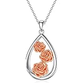 Shusukue Teardrop Rose Necklace 925 Sterling Silver June Birth Flower Pendant Floral Birthday Valentine's Day Jewelry Gift for Women