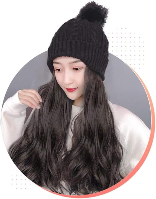 Amazon Com Leaysoo Knitted Hat Wig Integrated Long Curly Hair Big