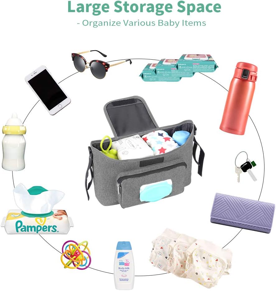 Baby Stroller Organizer - Stroller Accessories Bag Large Space with 2 Cup Holders Multiple Zipper Pockets for Bottle, Diaper, Phone, Toys, Baby Items - Fits All Strollers, Easy Installation: Home Improvement