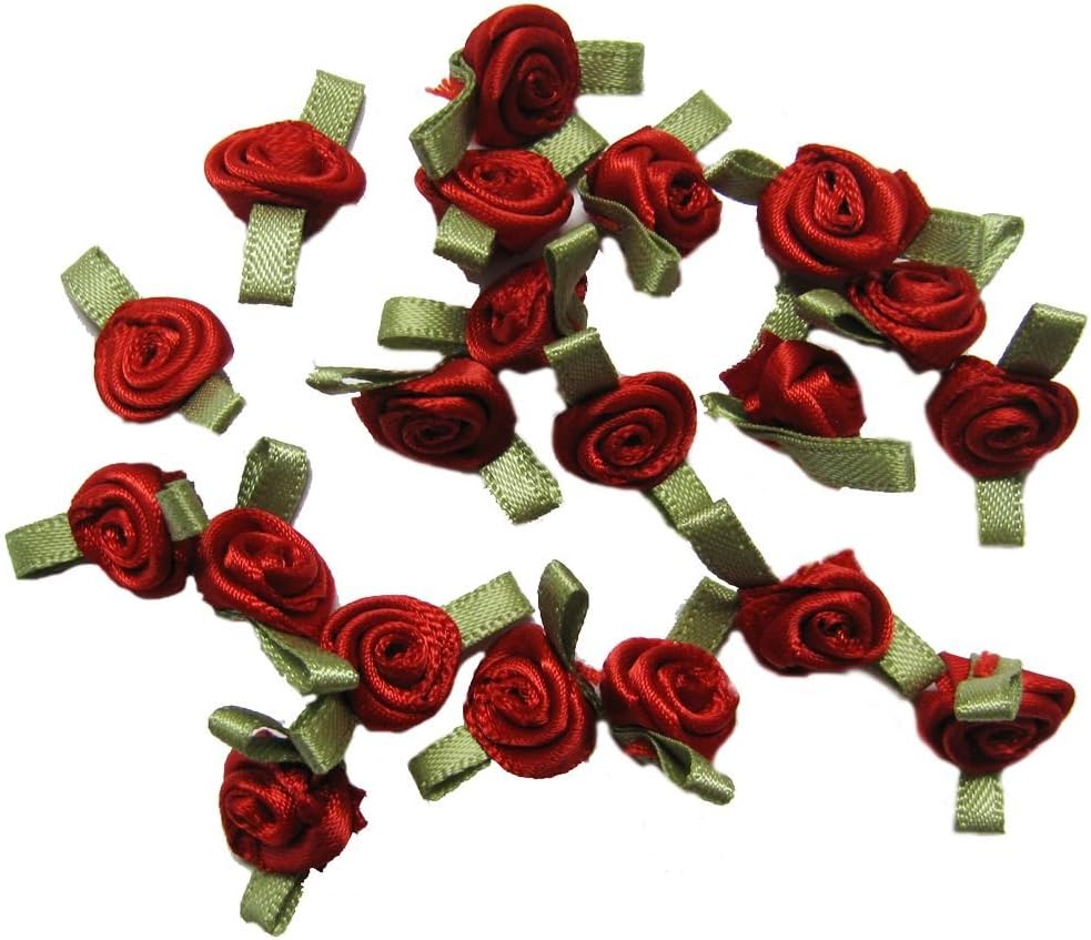 Small Red Ribbon Rose With Green Leaves, 20pcs
