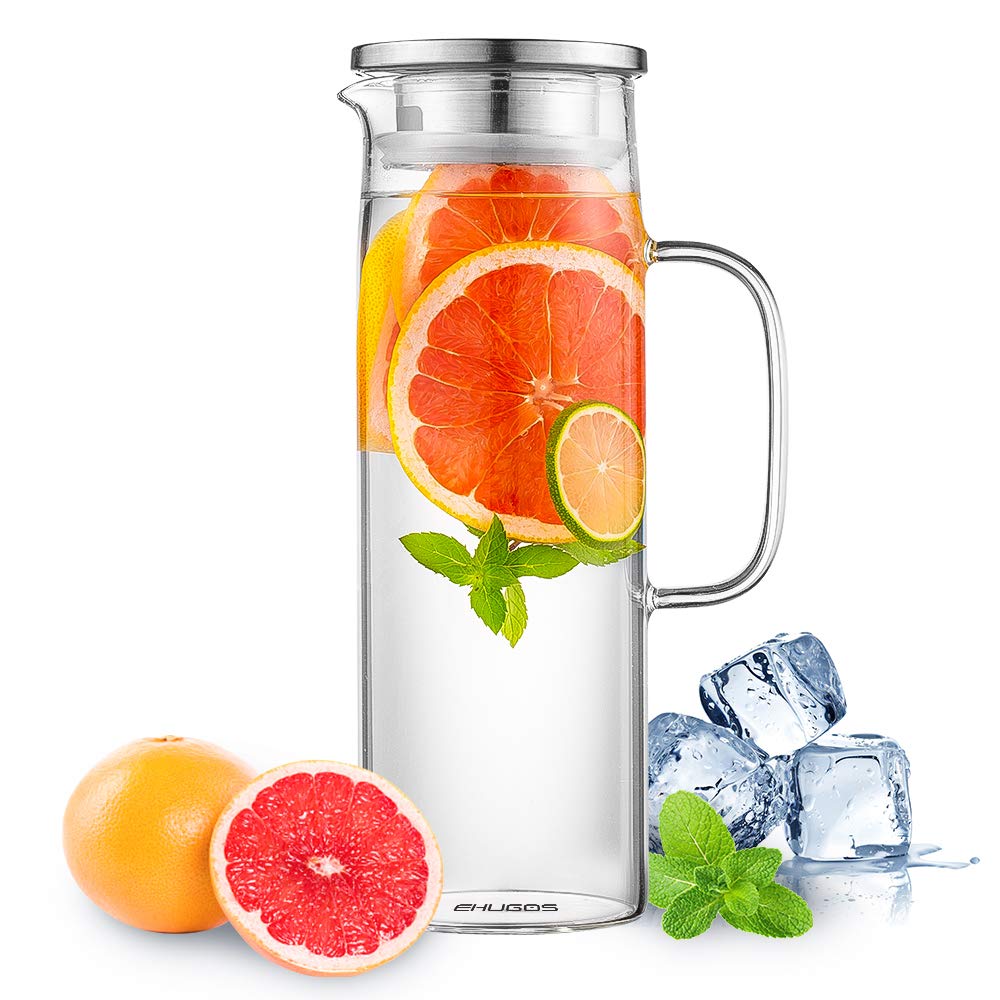 Ehugos Glass Water Jug 1300ml Glass Jug with Lid Juice Jug Water Carafe for Hot/Cold Water, Iced Tea and Juice Drinks