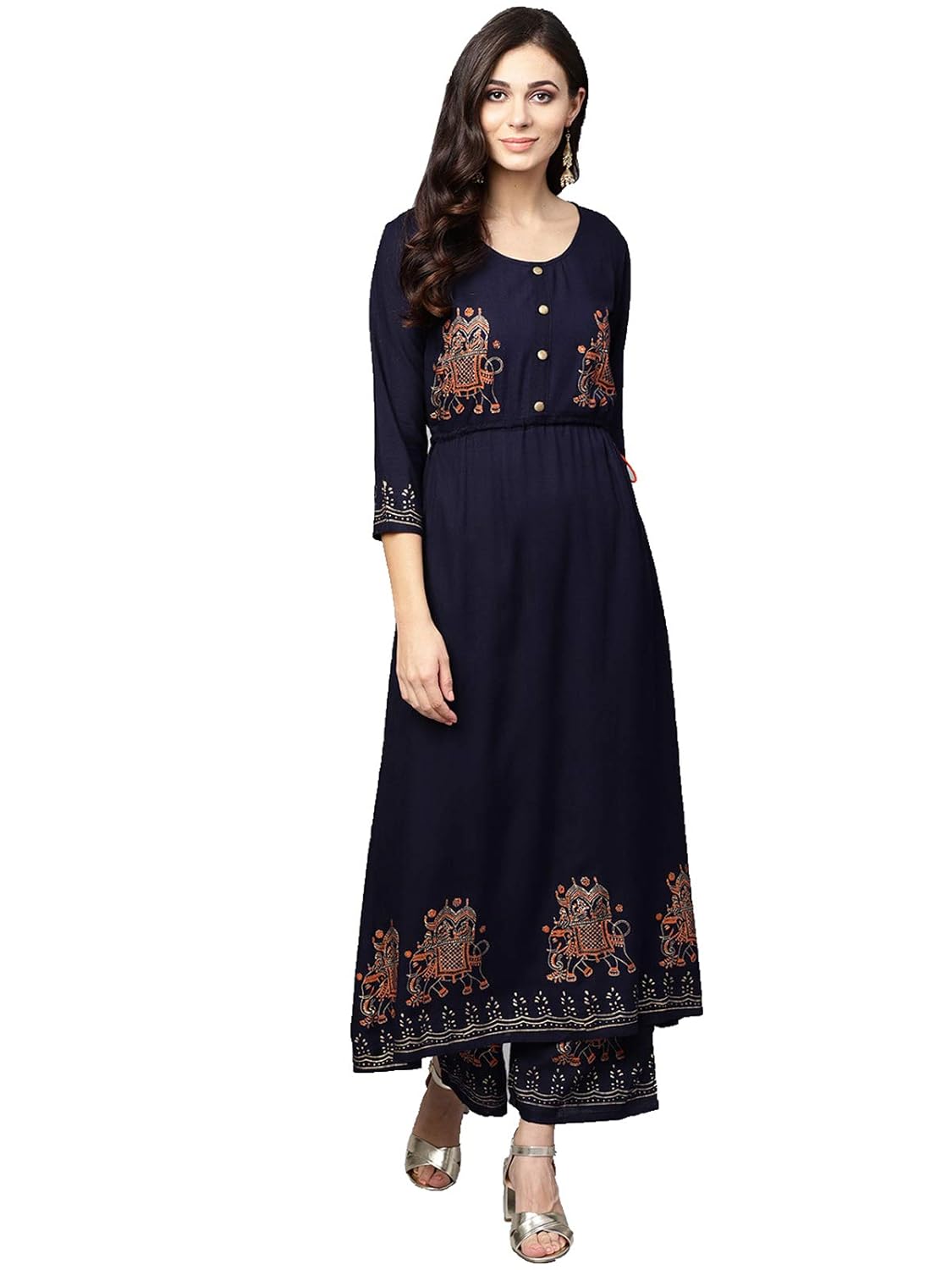 ishin women navy blue viscose rayon printed palazzo kurta set