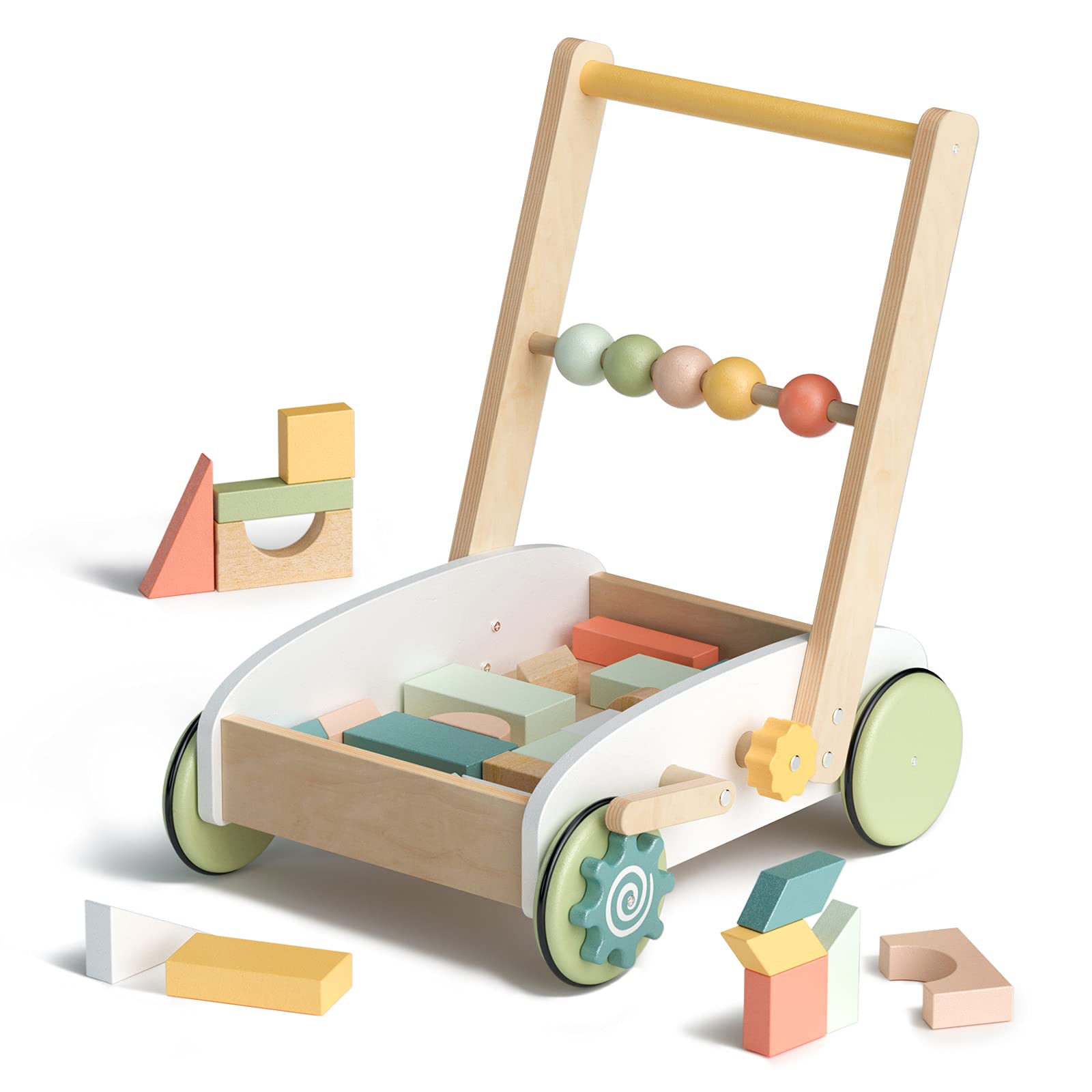 ROBUD Wooden Baby Push Walker for Boy Girls, Baby Learning Walking Toys, with Wooden Building Block Burlywood WG189