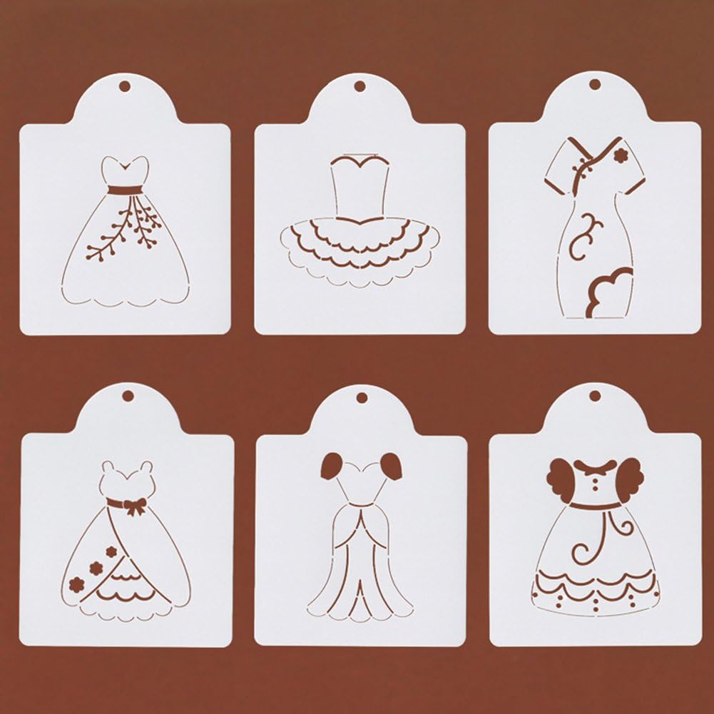 6 PCS Dress Cookie Stencil Set, Cake/ Royal Icing/ Coffee Stencils, Food Grade Plastic - White /semi-transparent