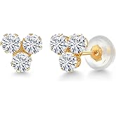 Gem Stone King 14K Yellow Gold Gemstone Birthstone and White Moissanite Trio 3-Stone Stud Earrings for Women | 3MM Round | Fine Jewelry for Her Mom Women Wife