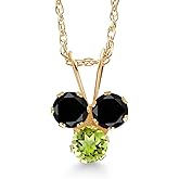 Gem Stone King 14K Yellow Gold Black Diamond and Green Peridot 3-Stone Pendant Necklace For Women (0.32 Cttw, Gemstone April Birthstone, Round 3MM, 18 Inch Chain)