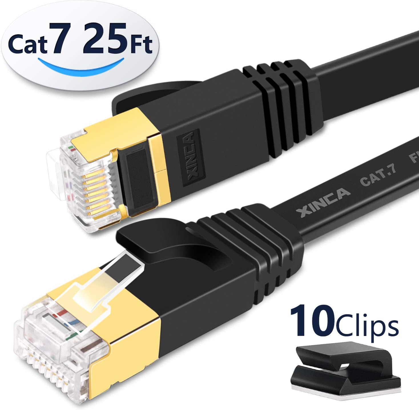 Cat 7 Flat Cable 25ft Black,High Speed 10GB Shielded (STP) LAN