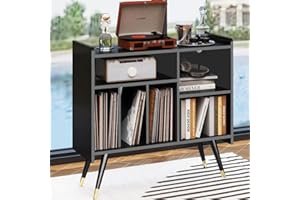 xiweot Record Player Stand with Vinyl Storage, Black Record Player Table with Album Storage, Record Player Cabinet with Record Storage, Mid Century Turntable Stand