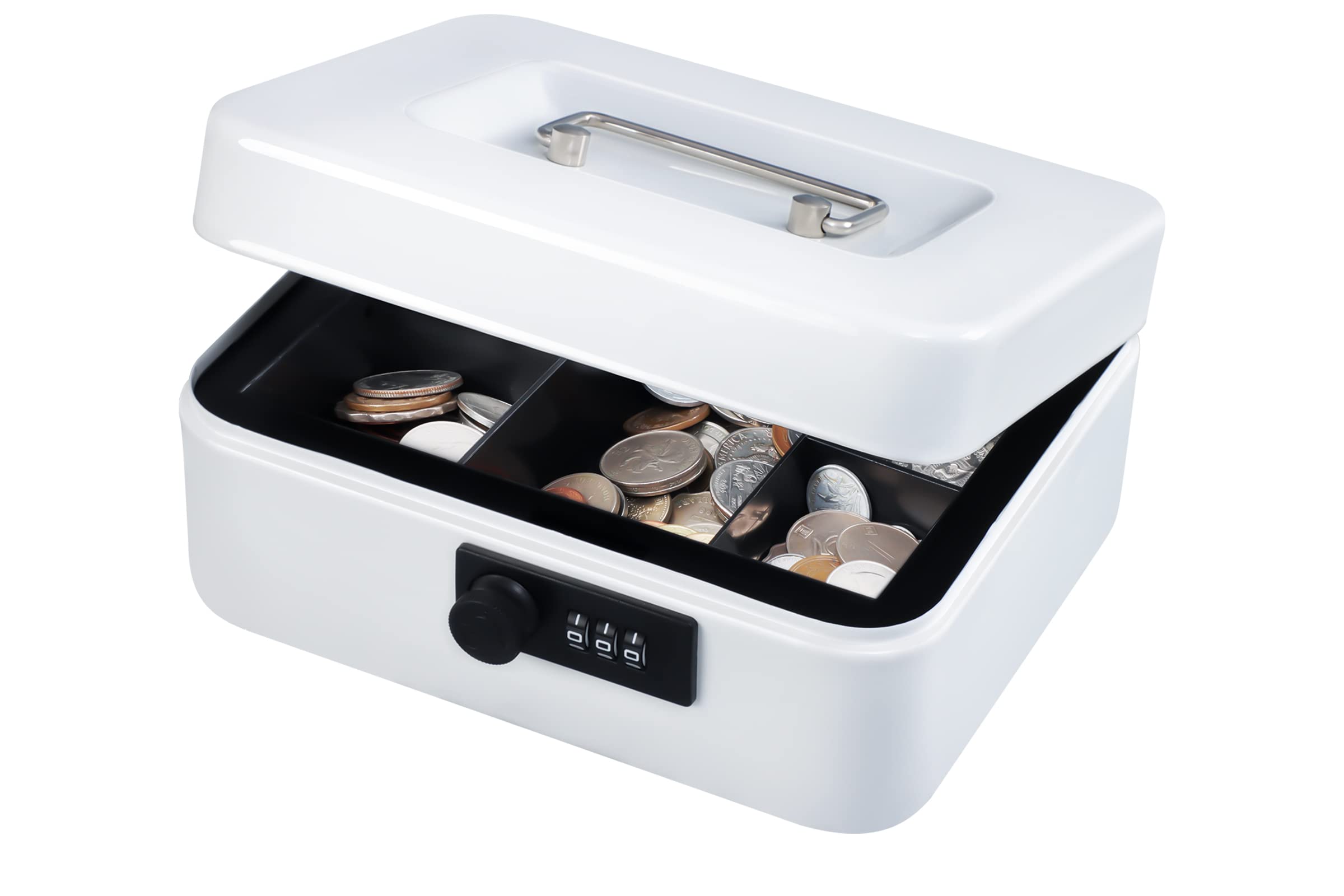 Photo 1 of KYODOLED Cash Box with Combination Lock,Safe Metal Box for Money,Storage Lock Box with Money Tray,7.87"x 6.30"x 3.54" White Medium