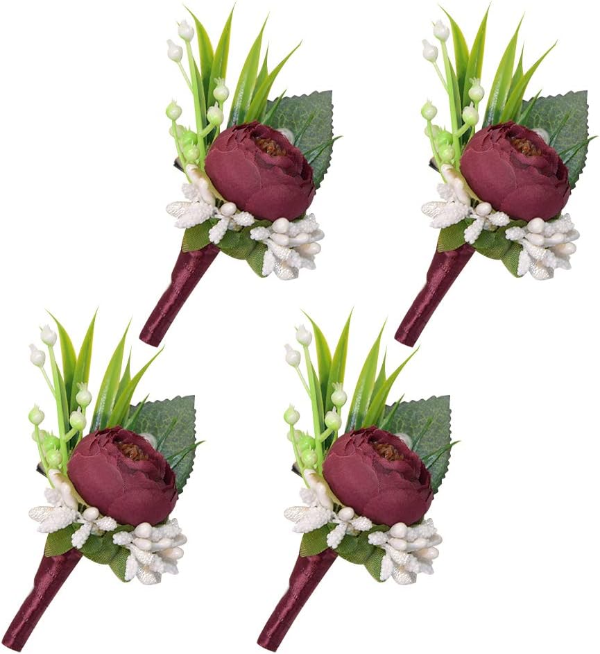 ETERNAL ANGEL Boutonniere for Men Handmade Wedding Flowers Lapel Pins Groomsman Corsages Brooch Bouquet for Suit Red 4PCS