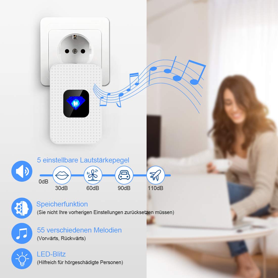 Funkklingel Wasserdicht,Kabellose Türklingel batterie 300m Reichweite und 55 Klingeltönen,5 Lautstärkestufen (0db-110db),mit LED Anzeige