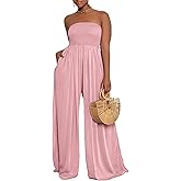 Ophestin Women's Strapless Tube Wide Leg Jumpsuits Smocked Women Jumpsuits Dressy Casual Flowy One Piece Jumpsuits Rompers