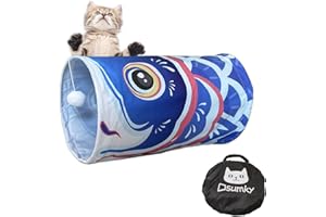 Dsumky Cat Tunnel with Fish Design, Plush Toy Ball, Easy to Clean, Collapsible, Hide & Seek Play, Self-Entertainment Toy (Ocean Blue, S (17.72 x 9.84 inch))
