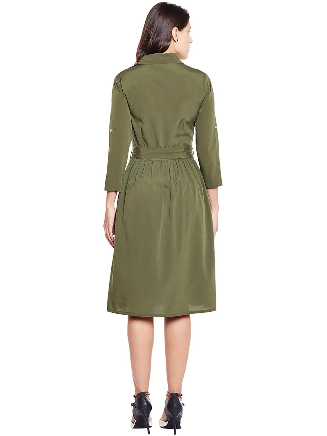 wisstler women's olive green poly crepe shirt dress with belt