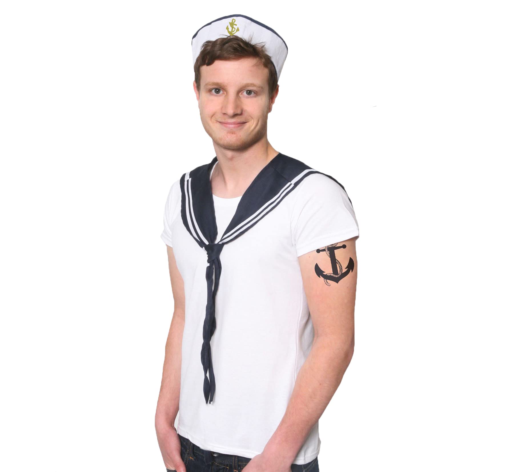 Mens Sailor Set Fancy Dress Accessory - Pack of 1 - Unisex Set Sailor Doughboy Hat with Gold Embroidered Anchor + Navy & White Scarf - Nautical Marine Navy Outfit