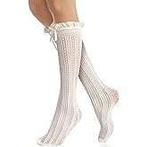 Amazleer Women's Lace Knee High Socks, Cute Mesh Fishing Net Stockings with Bow, for Lolita Princess Valentines