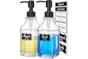 JASAI 2Pack Soap Dispenser with Rustproof Black Stain 304 Stainless Steel Pump, Stylish Hand soap Dispenser with 10Pcs Stickers, Refillable Glass Soap Dispenser for Kitchen & Bathroom.