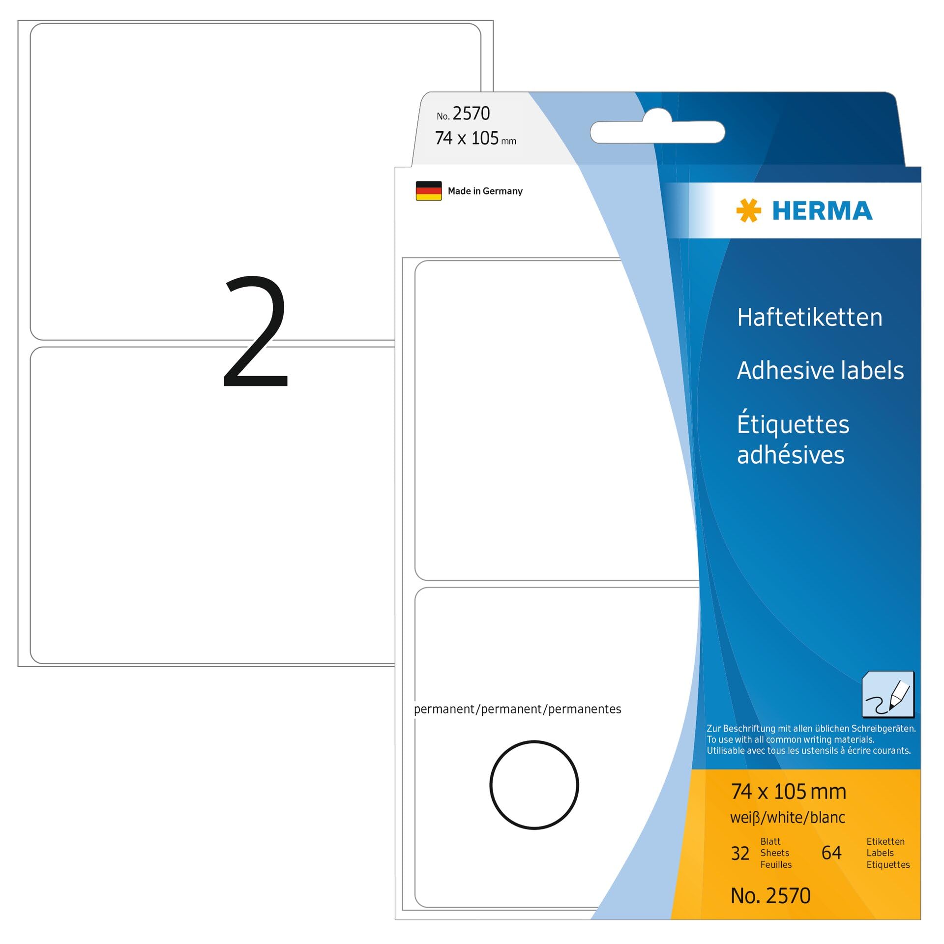 HERMA Multi Purpose Labels, 2 Labels per Sheet, 32 Sheets, 74 x 105 mm, 64 Labels, Self Adhesive Large Labels Stickers, Blank Sticky Labels for Office Kitchen Home, White