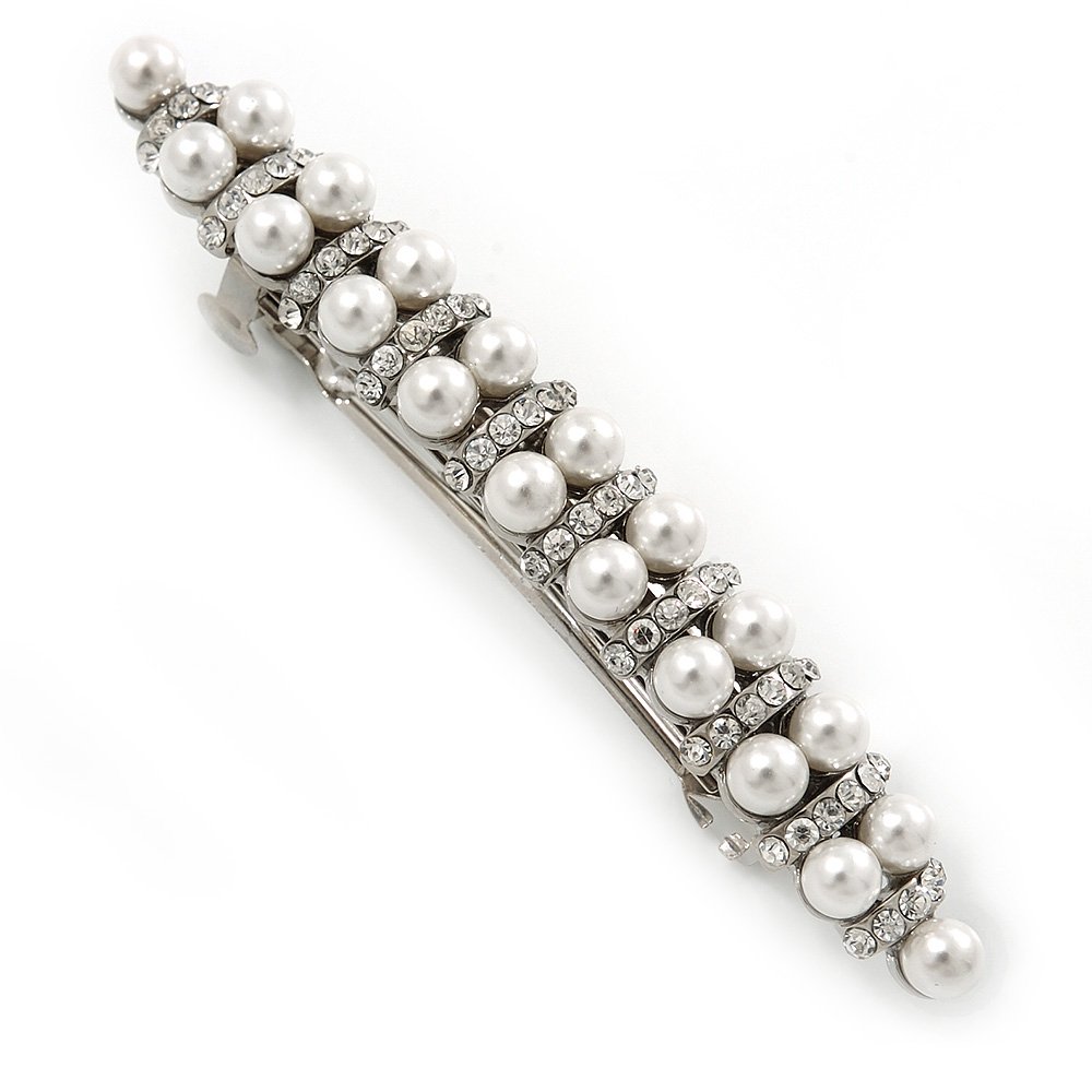 Bridal Wedding Prom Silver Tone Glass Pearl, Crystal Barrette Hair Clip Grip - 80mm W