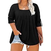 ForHailey Women's Plus Size Long Sleeve 3/4 Sleeve Tunics Square Neck Tops Casual Loose Fit T Shirt Blouse Fall Tops XL~5XL