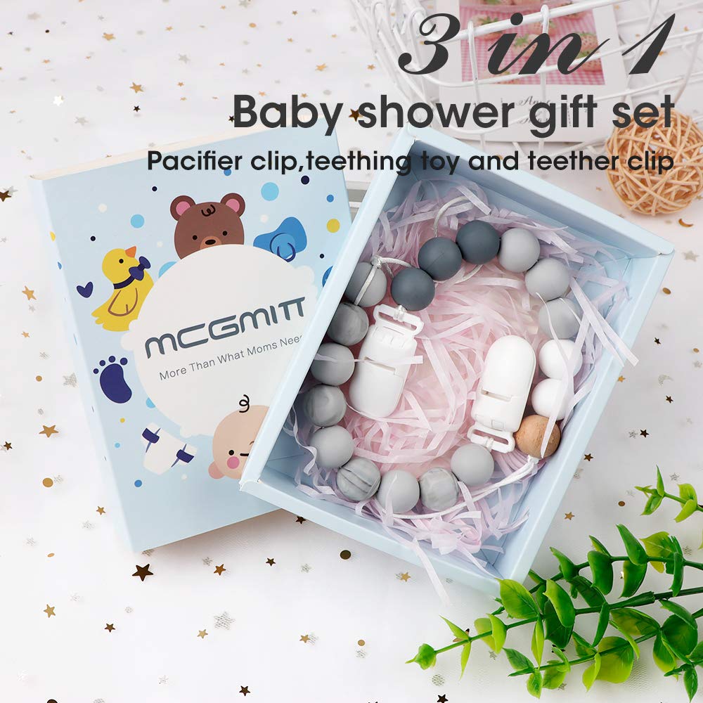 MCGMITT Pacifier Clip, Silicone Binky Teether Holder BPA Free Teething Beads for Baby Girls Boys, 2 Pack Shower Gift Set (Grey) : Baby