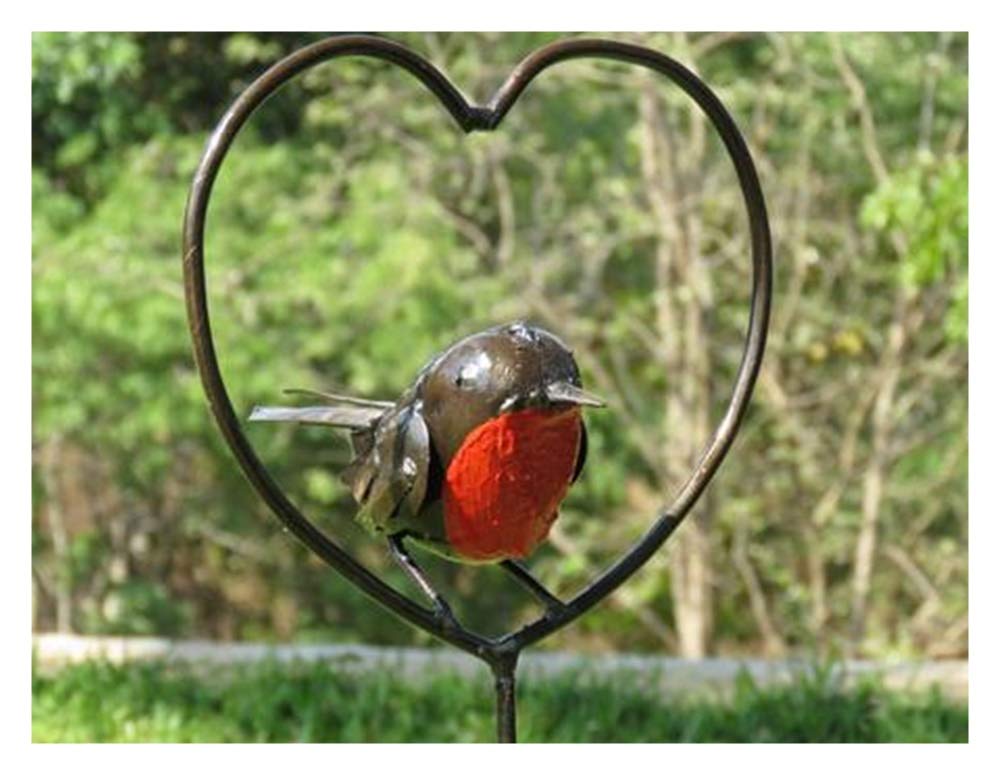 New this year! Delightful RSPB metal Red Robin in a heart plant stake 1m tall - part of the hand crafted TILNAR fair trade range
