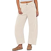 IWOLLENCE Women's Corduroy Barrel Cropped Pants Mid-Rise Elastic Waist Cord Wide Legs Baggy Pant with Pockets