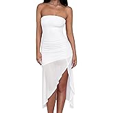GOKATOSAU Women's Strapless Summer Mesh Ruched Split Asymmetric Ruffle Hem Bodycon Midi Dress