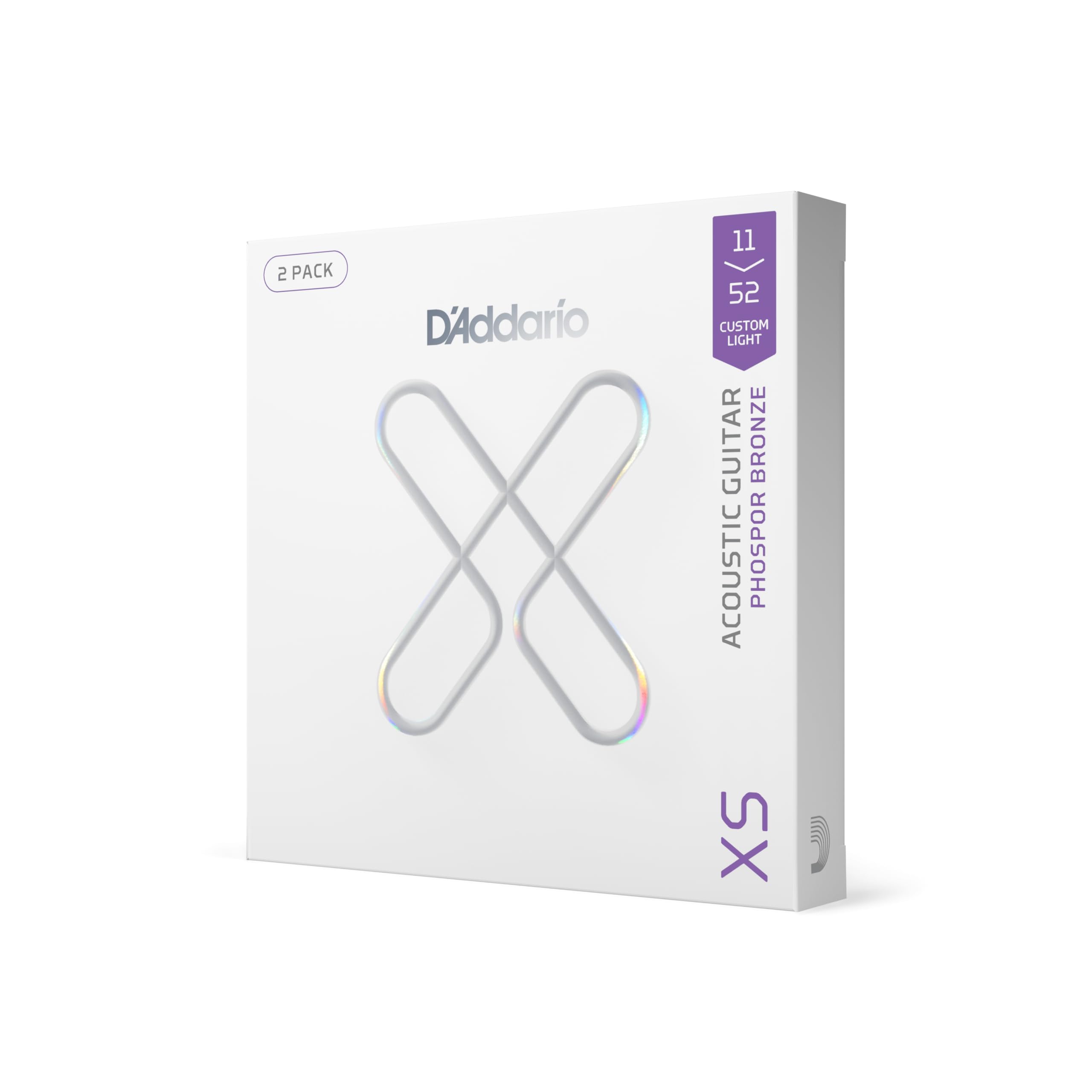 D'Addario Acoustic Guitar Strings, XS Phosphor Bronze Coated, XSAPB1152-2P, Custom Light 11-52, 6-String Set, Pack of 2 Image