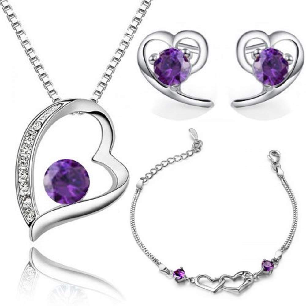 Crystalline Azuria Women 18ct White Gold Plated Purple Zirconia Crystals Heart Set Pendant Necklace 17.7 inches Stud Earrings Bracelet 6.4 inches
