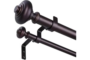 WOLISTSA Bronze Double Curtain Rods for Windows 72 to 144 inch, Farmhouse Vintage Decorative 1 Inch Adjustable Long Dual Curtain Rod, Heavy Duty Boho Rustic Double Drapery Pole with Brown Grain Finial