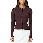 Women Ribbed Button Up Cardigan Y2K Slim Fit Long Sleeve Round Neck Sweater T Shirt Fall