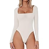 QINSEN Women's Sexy Square Neck Bodysuit Long Sleeve Double Lined Shirt Tops