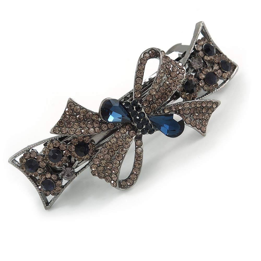 Stunning Crystal Bow Barrette Hair Clip Grip In Gunmetal Finish (Dim Grey, Dark Blue) - 80mm Across