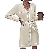 Pink Queen Women's Long Sleeve Button Down Sweater Dress Elegant V Neck Open Front Color Block Knit Cardiagns with Belt