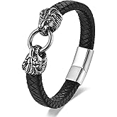 BIYONGDE Mens Stainless Steel Vintage Dragon Head/Skull Charm Black Braided Leather Bangle Bracelet, Biker Punk Rock, Spring Ring Hook Clasp