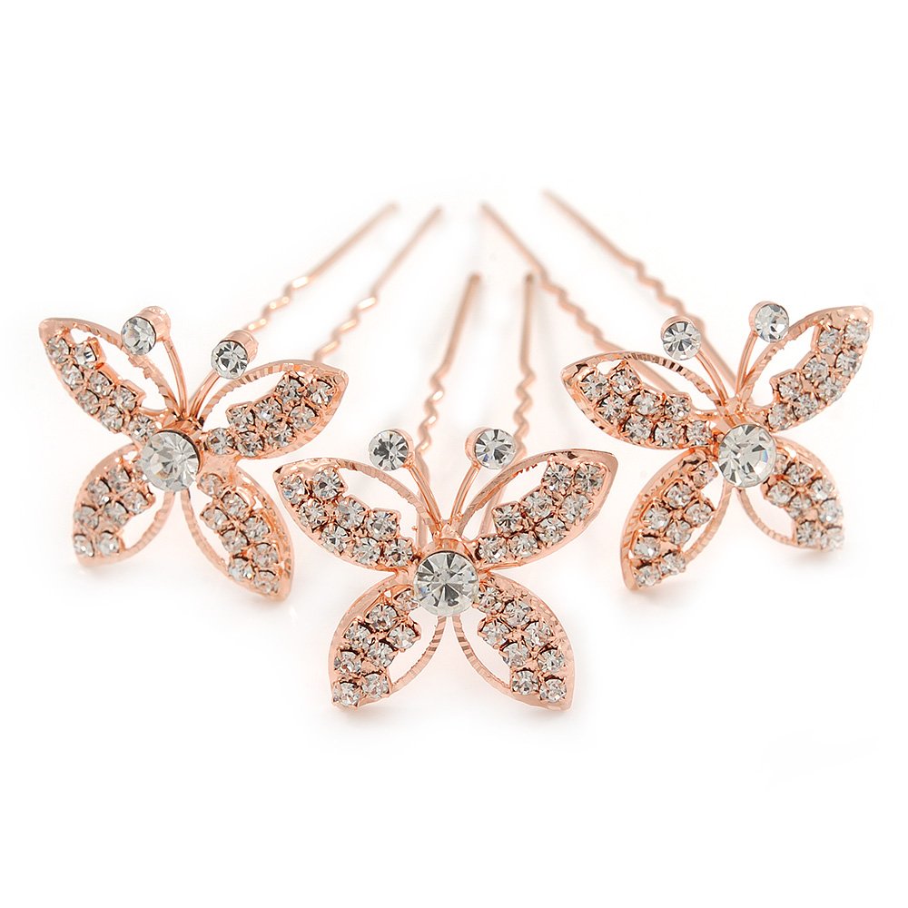 Bridal/Wedding/Prom/Party Set Of 3 Rose Gold Tone Clear Austrian Crystal Butterfly Hair Pins