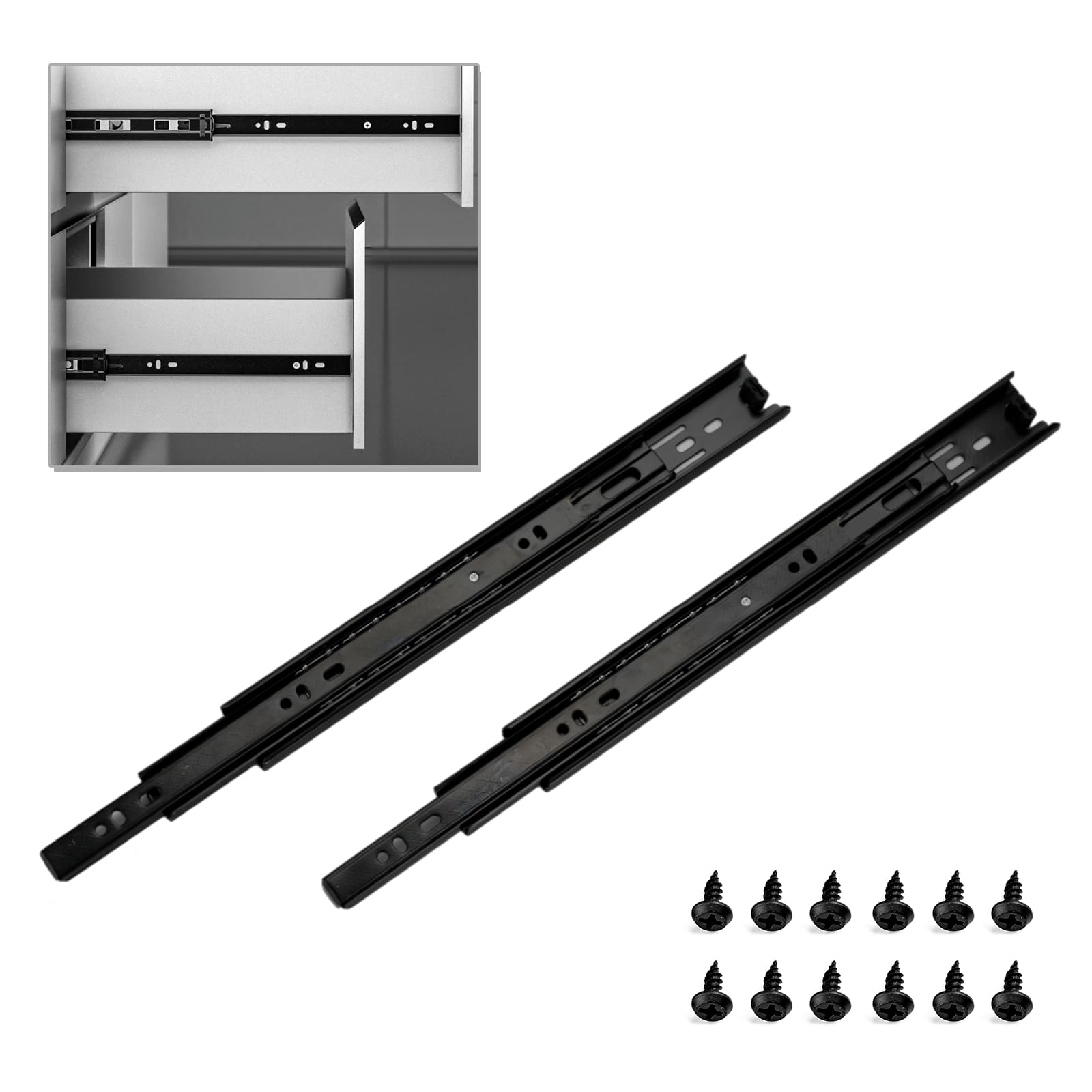 Photo 1 of 1 Pair 12 Inch Full Extension Drawer Slides, 100 LB Capacity Heavy Duty Drawer Rails, Side Mount Metal Black Ball Bearing Drawer Glides, Drawer Tracks for Cabinets Dresser