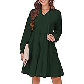 HUSKARY Baby Doll Dresses Women Fall Casual Tie V Neck Ruffle Tiered Tunic Dress Knee Length Cute Dresses with Pockets