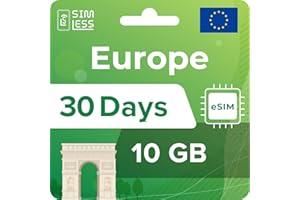 SIMLESS Europe eSIM Card| 30 Day Use | 10GB of 5G/4G speed Data| Data ONLY |Use in France, UK, Italy &37 EU Countries, QR Cor