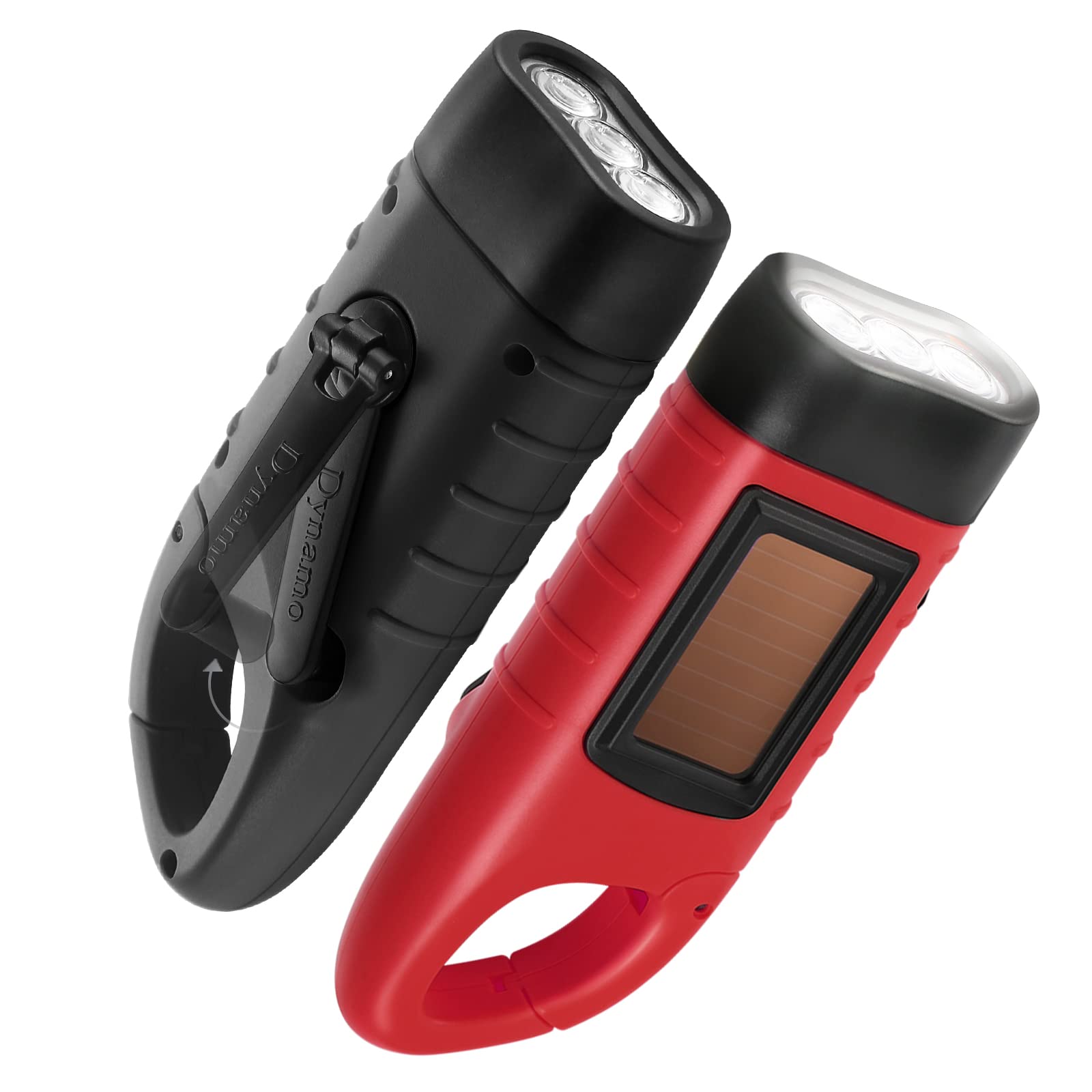GeeRic 2-Pack Hand Crank Solar Powered LED Flashlight, Emergency Survival Flashlight with Carabiner, Black+Red