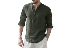 HJINGSUN Cotton Linen Henley Shirts for Men Solid Short Sleeve Band Collar Shirt with Pocket Casual Summer Beach Tshirts